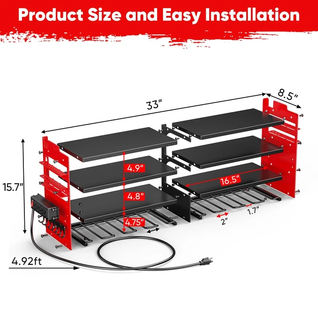 Alt view image 2 of 6 - Large Power Tool Organizer Wall Mount with Charging Station,4 Layer Heavy Duty Metal Tool Storage Shelf Loads 600lbs,Battery Utility Rack With 4 Outlet Power Strip with 8 Cordless Drill Holder