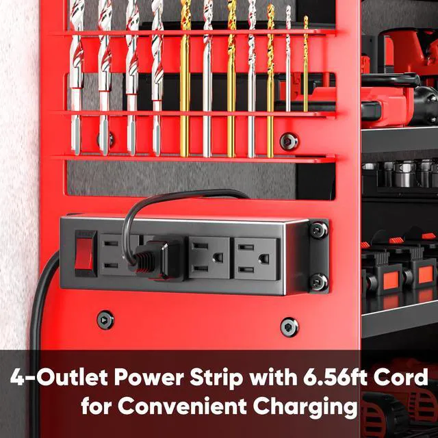 Alt view image 3 of 6 - Large Power Tool Organizer Wall Mount with Charging Station,4 Layer Heavy Duty Metal Tool Storage Shelf Loads 600lbs,Battery Utility Rack With 4 Outlet Power Strip with 8 Cordless Drill Holder