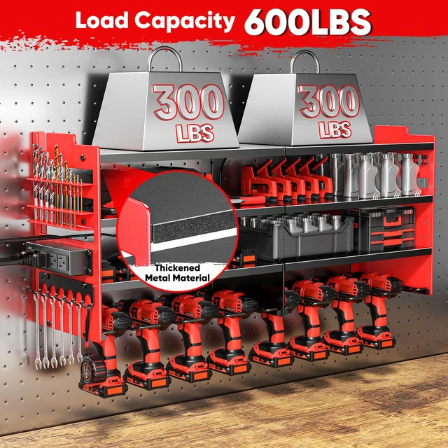 Alt view image 4 of 6 - Large Power Tool Organizer Wall Mount with Charging Station,4 Layer Heavy Duty Metal Tool Storage Shelf Loads 600lbs,Battery Utility Rack With 4 Outlet Power Strip with 8 Cordless Drill Holder