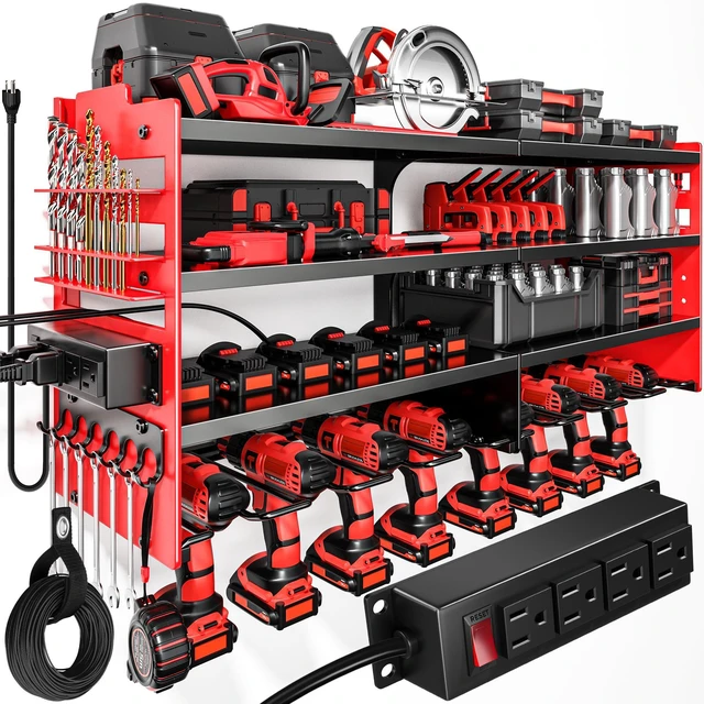 Main image of Large Power Tool Organizer Wall Mount with Charging Station,4 Layer Heavy Duty Metal Tool Storage Shelf Loads 600lbs,Battery Utility Rack With 4 Outlet Power Strip with 8 Cordless Drill Holder