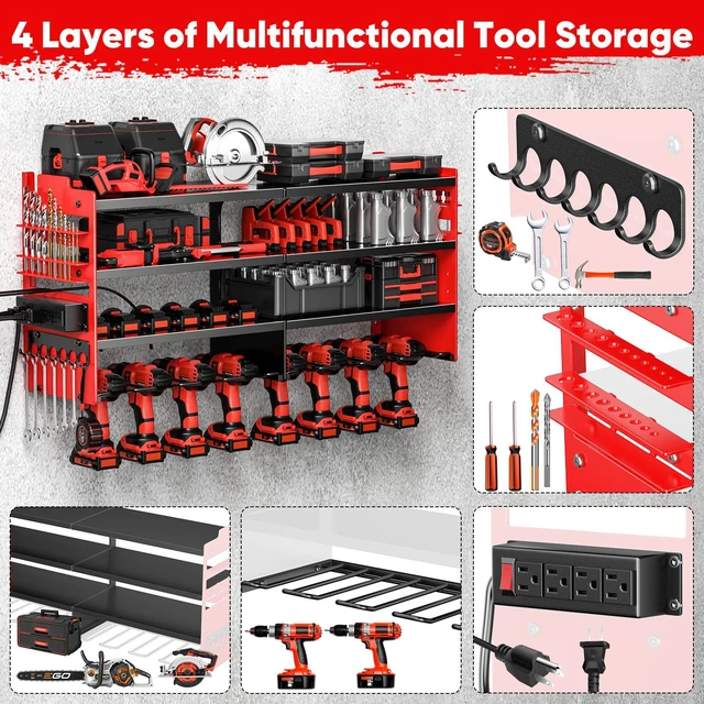 Alt view image 5 of 6 - Large Power Tool Organizer Wall Mount with Charging Station,4 Layer Heavy Duty Metal Tool Storage Shelf Loads 600lbs,Battery Utility Rack With 4 Outlet Power Strip with 8 Cordless Drill Holder