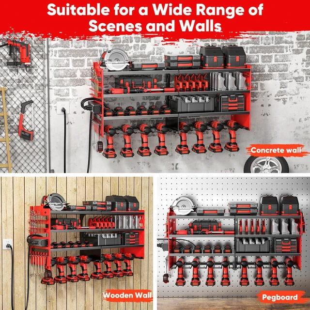 Alt view image 6 of 6 - Large Power Tool Organizer Wall Mount with Charging Station,4 Layer Heavy Duty Metal Tool Storage Shelf Loads 600lbs,Battery Utility Rack With 4 Outlet Power Strip with 8 Cordless Drill Holder