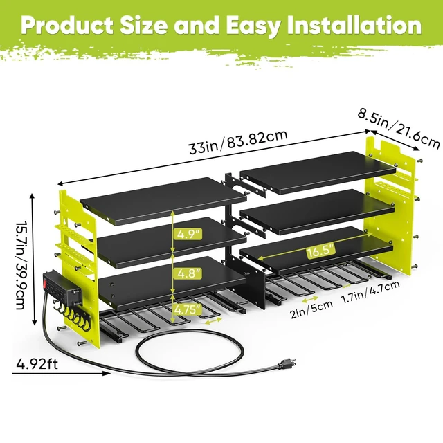 Alt view image 2 of 6 - Upgrade Power Tool Organizer Wall Mount with Charging Station,4 Layer Heavy Duty Metal Storage Rack Loads 600lbs with 8 Cordless Drill Holder,4 Outlet Power Strip Battery Utility Rack for Man