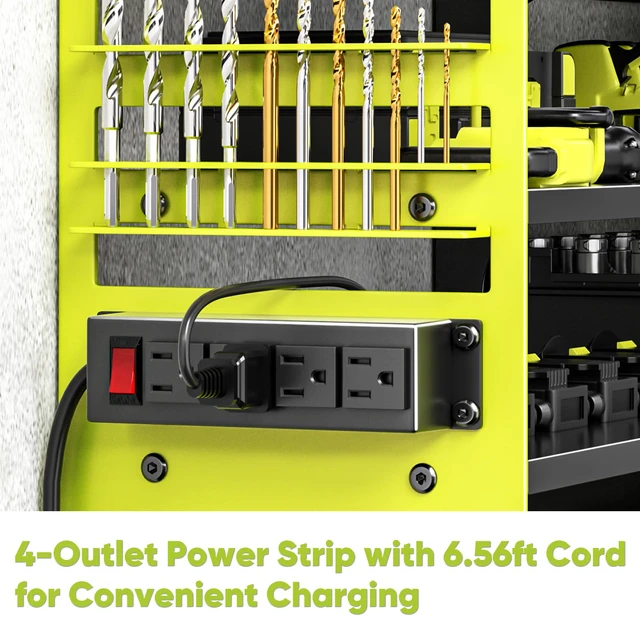 Alt view image 3 of 6 - Upgrade Power Tool Organizer Wall Mount with Charging Station,4 Layer Heavy Duty Metal Storage Rack Loads 600lbs with 8 Cordless Drill Holder,4 Outlet Power Strip Battery Utility Rack for Man