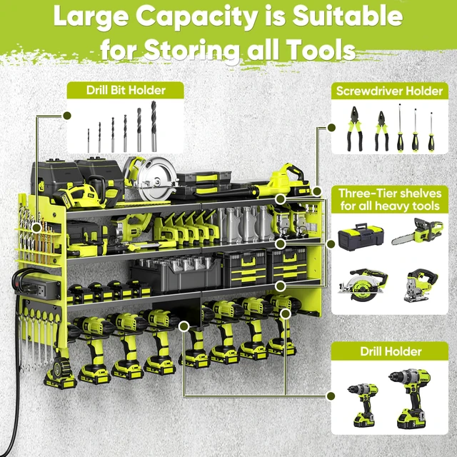 Alt view image 4 of 6 - Upgrade Power Tool Organizer Wall Mount with Charging Station,4 Layer Heavy Duty Metal Storage Rack Loads 600lbs with 8 Cordless Drill Holder,4 Outlet Power Strip Battery Utility Rack for Man
