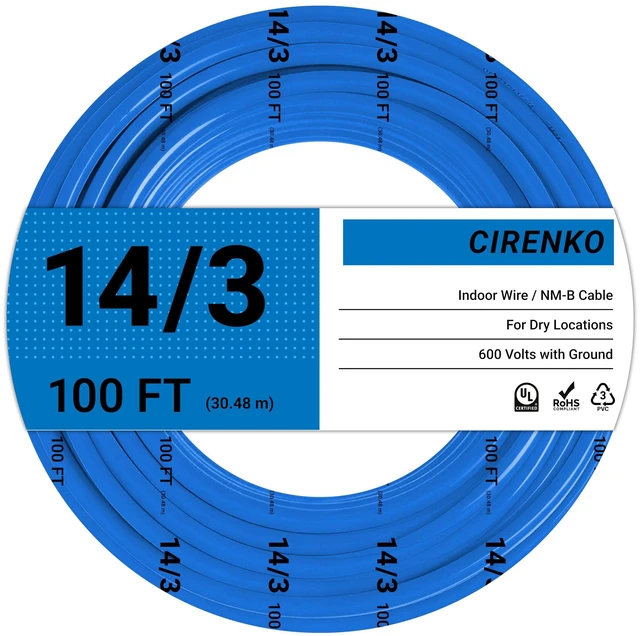 Main image of 14/3 NM-B Cable 100 FT, UL Listed 14 Gauge Indoor Wire with Ground Solid Bare Copper, No CCA, 3 Conductors Plus Ground, Durable Blue NM-B Jacket, Easy to Strip, for Dry Locations, 600V Rated