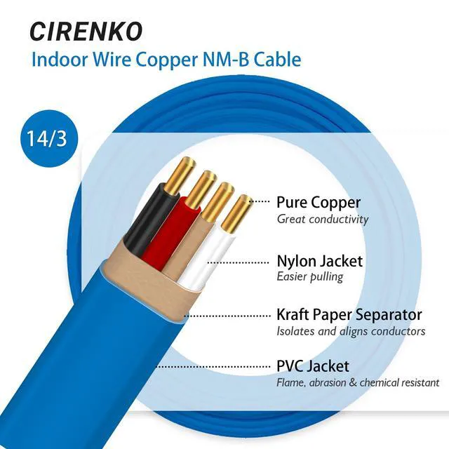 Alt view image 4 of 7 - 14/3 NM-B Cable 100 FT, UL Listed 14 Gauge Indoor Wire with Ground Solid Bare Copper, No CCA, 3 Conductors Plus Ground, Durable Blue NM-B Jacket, Easy to Strip, for Dry Locations, 600V Rated