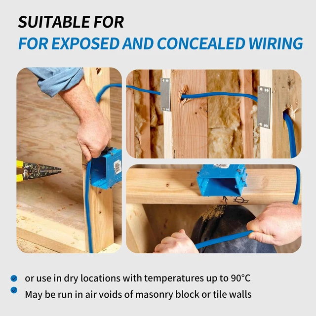Alt view image 6 of 7 - 14/3 NM-B Cable 100 FT, UL Listed 14 Gauge Indoor Wire with Ground Solid Bare Copper, No CCA, 3 Conductors Plus Ground, Durable Blue NM-B Jacket, Easy to Strip, for Dry Locations, 600V Rated