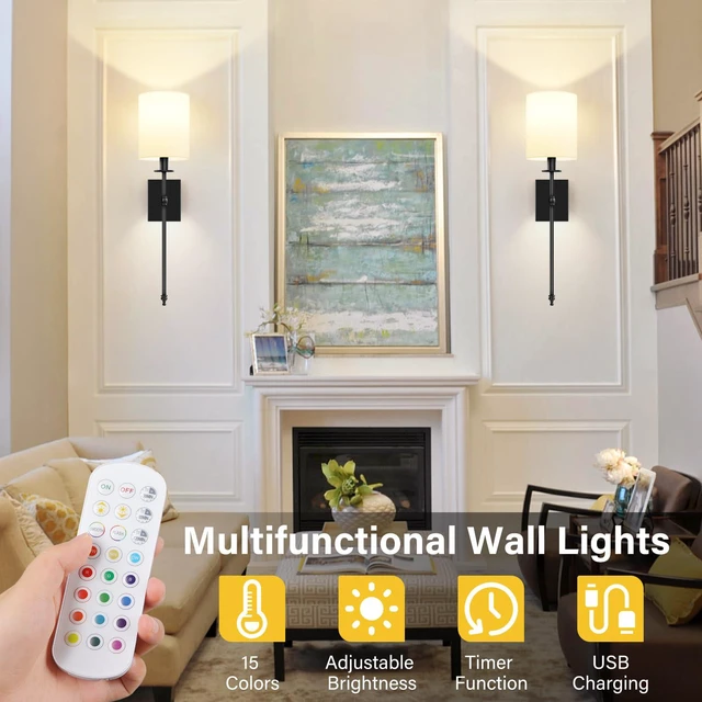 Alt view image 6 of 7 - 27 Inch Black Battery Operated Wall Sconces Set of 2, Rechargeable Wireless Wall Lights with Remote & White Fabric Shade, Indoor Not Hardwired Dimmable Wall Lamps for Hallway, 2 Bulbs Included