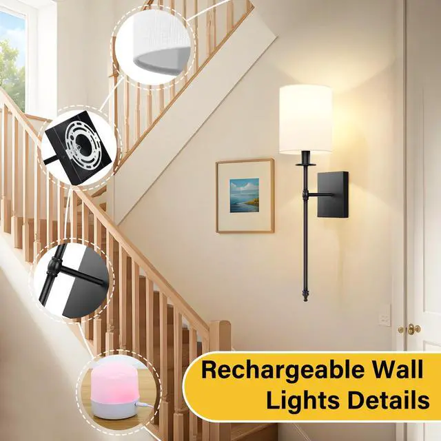 Alt view image 7 of 7 - 27 Inch Black Battery Operated Wall Sconces Set of 2, Rechargeable Wireless Wall Lights with Remote & White Fabric Shade, Indoor Not Hardwired Dimmable Wall Lamps for Hallway, 2 Bulbs Included