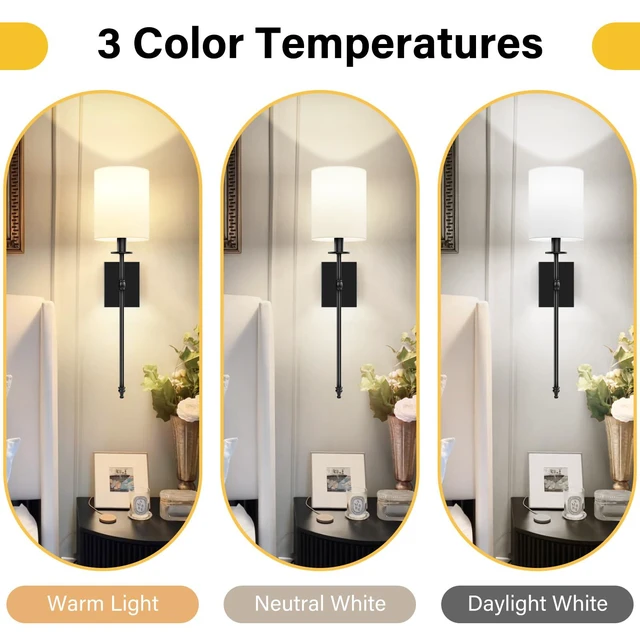 Alt view image 4 of 7 - 27 Inch Black Battery Operated Wall Sconces Set of 2, Rechargeable Wireless Wall Lights with Remote & White Fabric Shade, Indoor Not Hardwired Dimmable Wall Lamps for Hallway, 2 Bulbs Included