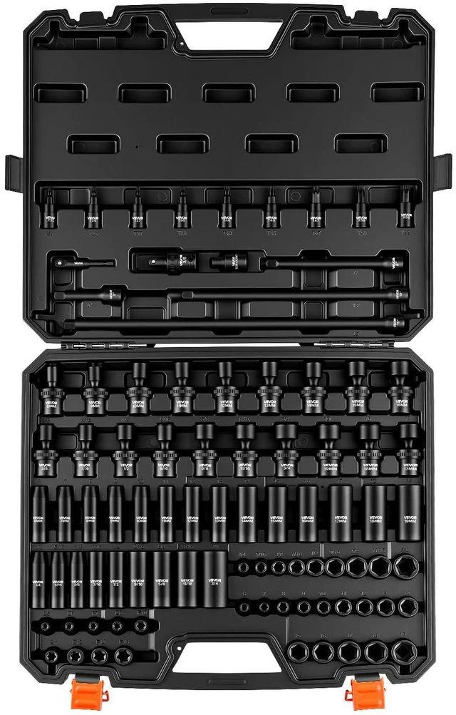 Main image of Impact Socket Set 3/8" Drive 90-Piece, CR-MO, Shallow & Deep, 6 Point SAE 1/4"-3/4" & Metric 6-19mm, with Swivel & E-Torx & Bit Sockets, Extension Bars, Adapters, Universal Joint