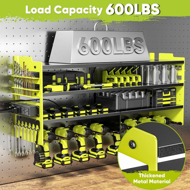 Alt view image 5 of 6 - Upgrade Power Tool Organizer Wall Mount with Charging Station,4 Layer Heavy Duty Metal Storage Rack Loads 600lbs with 8 Cordless Drill Holder,4 Outlet Power Strip Battery Utility Rack for Man