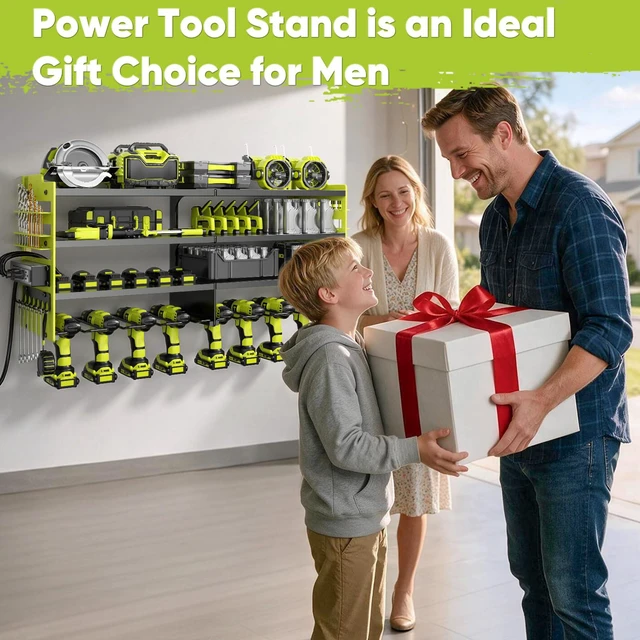 Alt view image 6 of 6 - Upgrade Power Tool Organizer Wall Mount with Charging Station,4 Layer Heavy Duty Metal Storage Rack Loads 600lbs with 8 Cordless Drill Holder,4 Outlet Power Strip Battery Utility Rack for Man