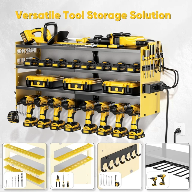 Alt view image 3 of 7 - Large Power Tool Organizer Wall Mount with Charging Station,4 Layer Heavy Duty Metal Storage Rack Loads 600lbs with 8 Cordless Drill Holder,Battery Utility Rack Gift for Garage workshops Room