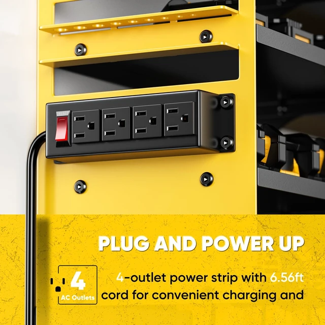 Alt view image 2 of 7 - Large Power Tool Organizer Wall Mount with Charging Station,4 Layer Heavy Duty Metal Storage Rack Loads 600lbs with 8 Cordless Drill Holder,Battery Utility Rack Gift for Garage workshops Room