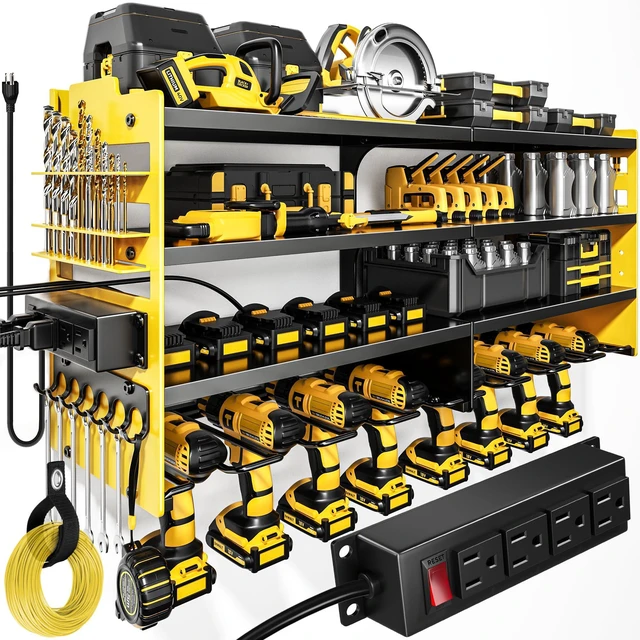 Main image of Large Power Tool Organizer Wall Mount with Charging Station,4 Layer Heavy Duty Metal Storage Rack Loads 600lbs with 8 Cordless Drill Holder,Battery Utility Rack Gift for Garage workshops Room