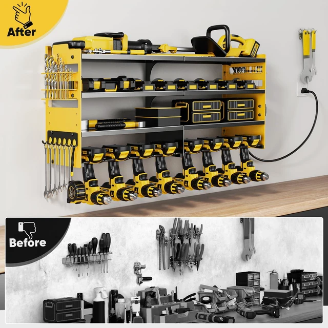 Alt view image 6 of 7 - Large Power Tool Organizer Wall Mount with Charging Station,4 Layer Heavy Duty Metal Storage Rack Loads 600lbs with 8 Cordless Drill Holder,Battery Utility Rack Gift for Garage workshops Room