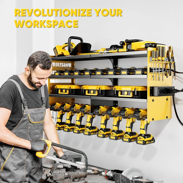 Alt view image 5 of 7 - Large Power Tool Organizer Wall Mount with Charging Station,4 Layer Heavy Duty Metal Storage Rack Loads 600lbs with 8 Cordless Drill Holder,Battery Utility Rack Gift for Garage workshops Room