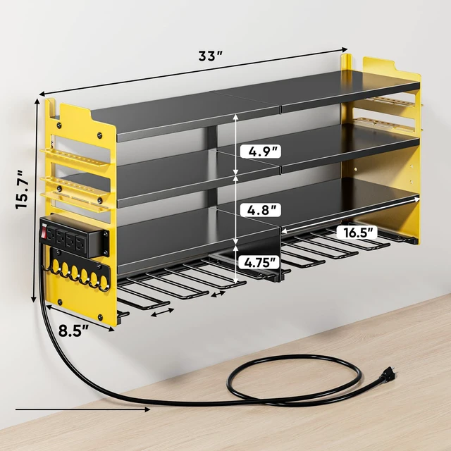 Alt view image 7 of 7 - Large Power Tool Organizer Wall Mount with Charging Station,4 Layer Heavy Duty Metal Storage Rack Loads 600lbs with 8 Cordless Drill Holder,Battery Utility Rack Gift for Garage workshops Room