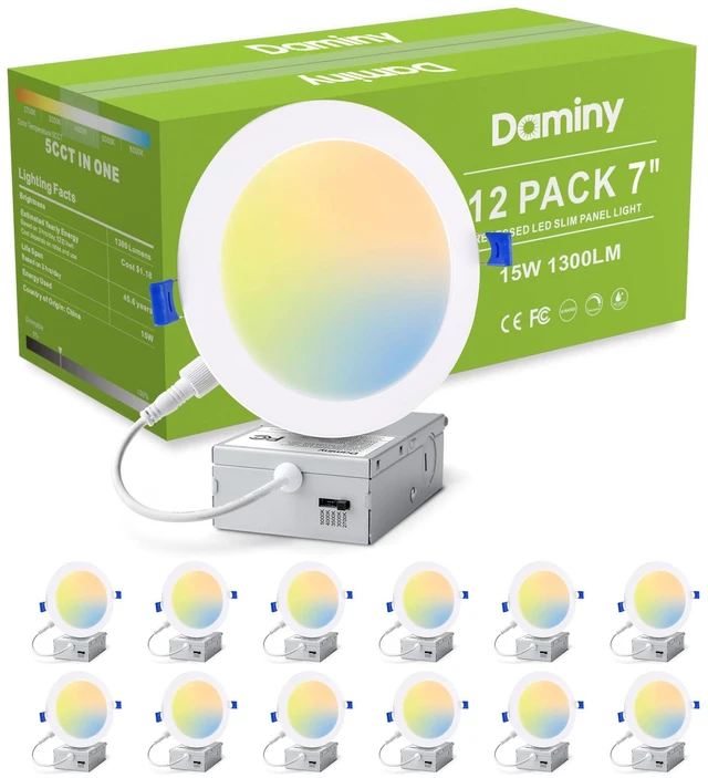Main image of 12 Pack 7 Inch LED Recessed Lighting, Canless Wafer Downlight 5CCT, Ultra-Thin Recessed Light with Junction Box, Dimmable, 15W 1300LM 120V, IC&Damp Rated