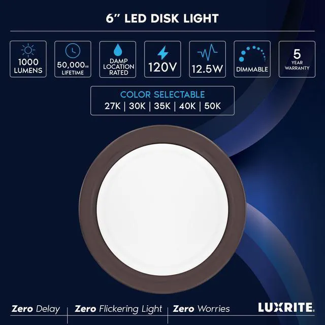 Alt view image 7 of 7 - 6 Inch LED Disk Lights, 12.5W, 1000LM, 120V, Bronze (6 Pack) Dimmable Flush Mount Ceiling Light, 5CCT Selectable 2700K 3000K 3500K 4000K 5000K, Damp Rated, CRI 90, 50,000 Hours, ETL