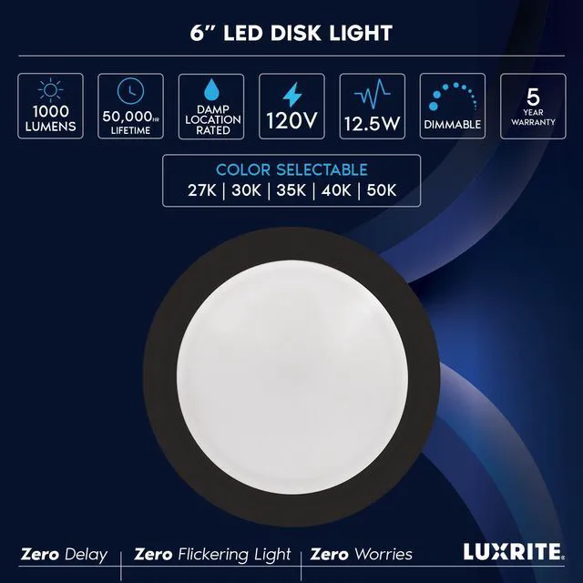 Alt view image 7 of 7 - 6 Inch LED Disk Lights, 12.5W, 1000LM, 120V, Black (6 Pack) Dimmable Flush Mount Ceiling Light, 5CCT Selectable 2700K 3000K 3500K 4000K 5000K, Damp Rated, CRI 90, 50,000 Hours, ETL