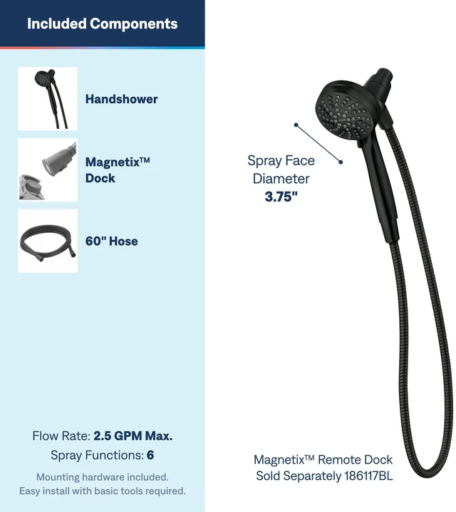 Alt view image 3 of 7 - 26100BL Engage 3.5" Handheld Showerhead, Magnetix, Black 3.5" spray face, 6 spray settings, Magnetix docking system, detachable handheld design, matte black finish