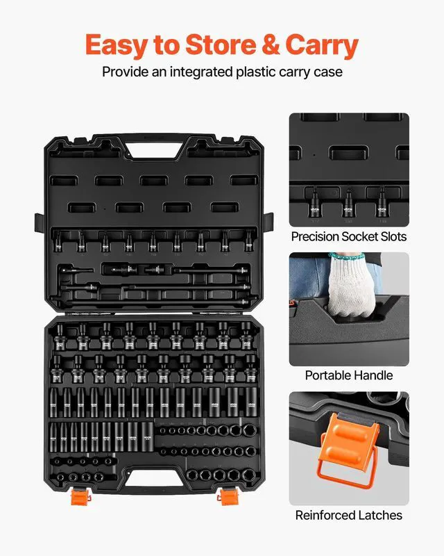 Alt view image 6 of 7 - Impact Socket Set 3/8" Drive 90-Piece, CR-MO, Shallow & Deep, 6 Point SAE 1/4"-3/4" & Metric 6-19mm, with Swivel & E-Torx & Bit Sockets, Extension Bars, Adapters, Universal Joint