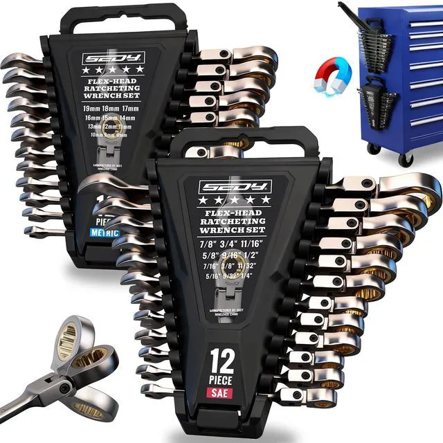 Main image of Premium 24-Piece Flex-Head Ratchet Wrenches Set with Magnetic Organizers, Metric SAE 8-19mm 1/4"-7/8", Cr-V Ratcheting Wrenches with 72 Teeth 180° Flex Head, Ratchet Combination Wrench Set for Repair