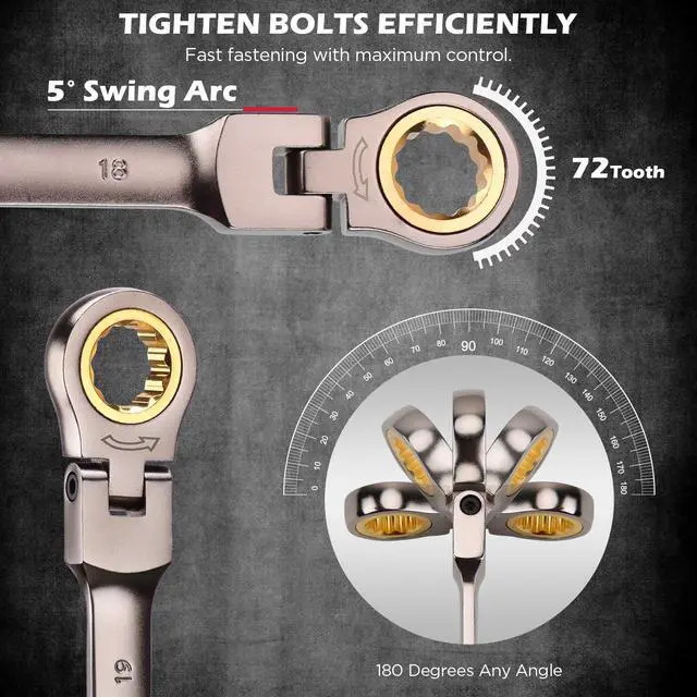 Alt view image 4 of 7 - Premium 24-Piece Flex-Head Ratchet Wrenches Set with Magnetic Organizers, Metric SAE 8-19mm 1/4"-7/8", Cr-V Ratcheting Wrenches with 72 Teeth 180° Flex Head, Ratchet Combination Wrench Set for Repair