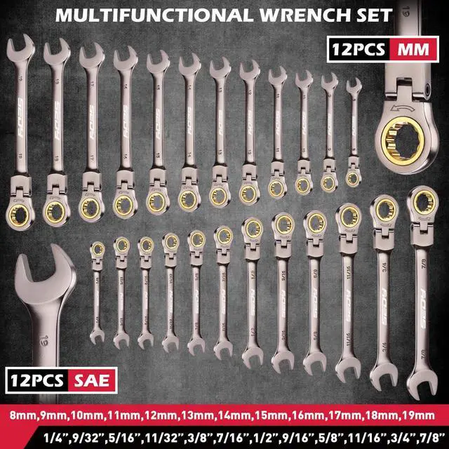 Alt view image 2 of 7 - Premium 24-Piece Flex-Head Ratchet Wrenches Set with Magnetic Organizers, Metric SAE 8-19mm 1/4"-7/8", Cr-V Ratcheting Wrenches with 72 Teeth 180° Flex Head, Ratchet Combination Wrench Set for Repair