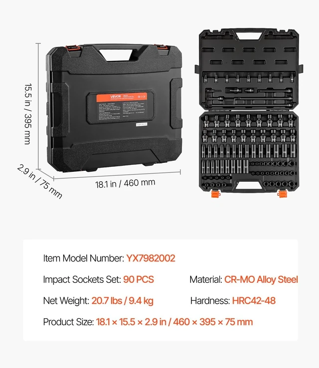 Alt view image 7 of 7 - Impact Socket Set 3/8" Drive 90-Piece, CR-MO, Shallow & Deep, 6 Point SAE 1/4"-3/4" & Metric 6-19mm, with Swivel & E-Torx & Bit Sockets, Extension Bars, Adapters, Universal Joint