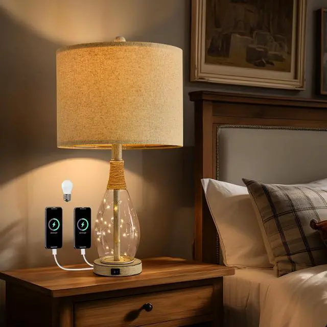 Main image of 23" USB A+C Table Lamp for Bedroom Living Room Modern Bedside Lamps Retro Farmhouse Rattan Glass Nightstand Nightlight Lamps (White),Two Light Points