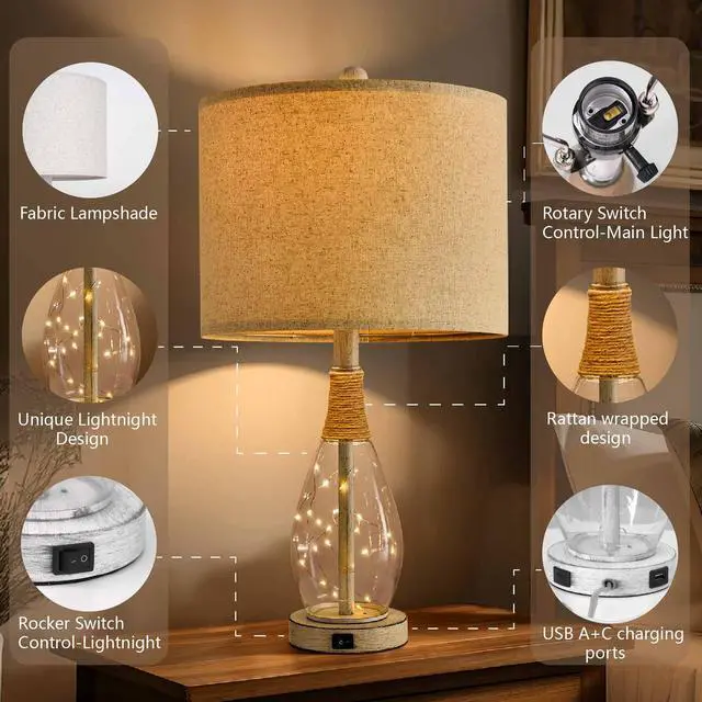 Alt view image 3 of 7 - 23" USB A+C Table Lamp for Bedroom Living Room Modern Bedside Lamps Retro Farmhouse Rattan Glass Nightstand Nightlight Lamps (White),Two Light Points