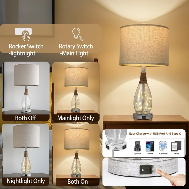 Alt view image 2 of 7 - 23" USB A+C Table Lamp for Bedroom Living Room Modern Bedside Lamps Retro Farmhouse Rattan Glass Nightstand Nightlight Lamps (White),Two Light Points