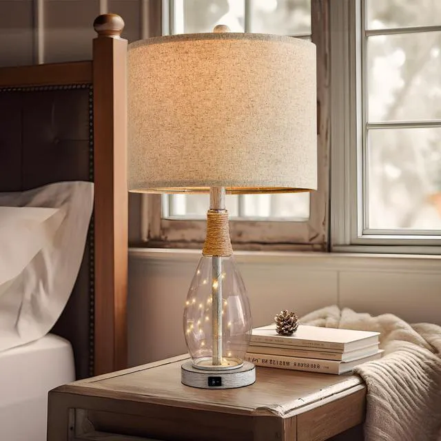 Alt view image 5 of 7 - 23" USB A+C Table Lamp for Bedroom Living Room Modern Bedside Lamps Retro Farmhouse Rattan Glass Nightstand Nightlight Lamps (White),Two Light Points
