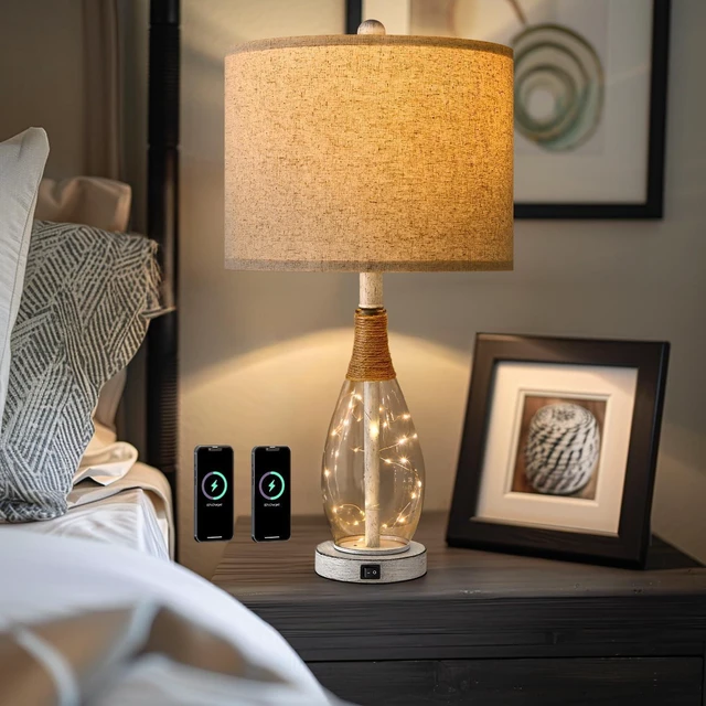 Alt view image 6 of 7 - 23" USB A+C Table Lamp for Bedroom Living Room Modern Bedside Lamps Retro Farmhouse Rattan Glass Nightstand Nightlight Lamps (White),Two Light Points