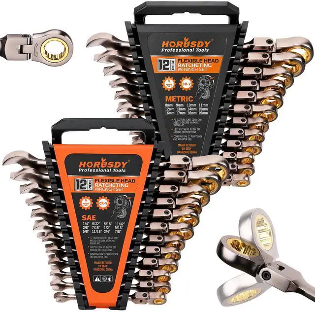 Main image of 24-Piece Flex-Head Ratcheting Wrench Set, Metric(819mm) & SAE(1/4-7/8") Combination Wrenches, 72-Tooth CR-V Steel, Ratchet Spanners with Wrench Organizer for Repair