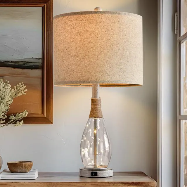 Alt view image 7 of 7 - 23" USB A+C Table Lamp for Bedroom Living Room Modern Bedside Lamps Retro Farmhouse Rattan Glass Nightstand Nightlight Lamps (White),Two Light Points