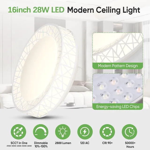 Alt view image 2 of 7 - 16 Inch Bird's Nest Flush Mount Ceiling Light, 28W, 5CCT 2700K-6500K Selectable, Modern LED Ceiling Light Fixture, Dimmable, for Bedroom, Kitchen, Closet, White, ETL Listed