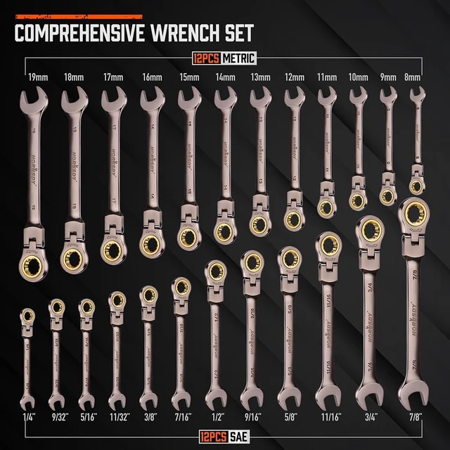 Alt view image 2 of 7 - 24-Piece Flex-Head Ratcheting Wrench Set, Metric(819mm) & SAE(1/4-7/8") Combination Wrenches, 72-Tooth CR-V Steel, Ratchet Spanners with Wrench Organizer for Repair