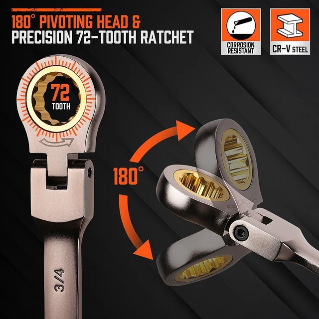 Alt view image 4 of 7 - 24-Piece Flex-Head Ratcheting Wrench Set, Metric(819mm) & SAE(1/4-7/8") Combination Wrenches, 72-Tooth CR-V Steel, Ratchet Spanners with Wrench Organizer for Repair