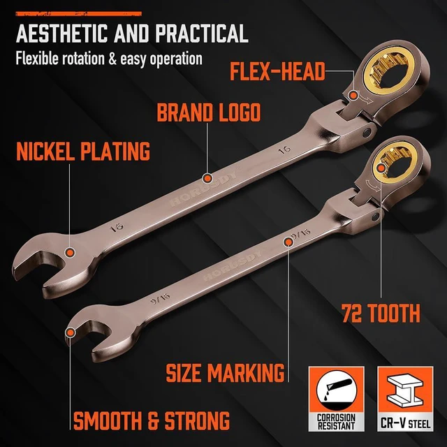 Alt view image 7 of 7 - 24-Piece Flex-Head Ratcheting Wrench Set, Metric(819mm) & SAE(1/4-7/8") Combination Wrenches, 72-Tooth CR-V Steel, Ratchet Spanners with Wrench Organizer for Repair