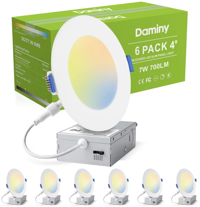 Main image of 6 Pack 4 Inch LED Recessed Lighting, Canless Wafer Downlight, White 5CCT, Ultra-Thin Recessed Light with Junction Box, Dimmable, 7W 700LM 120V, IC&Damp Rated