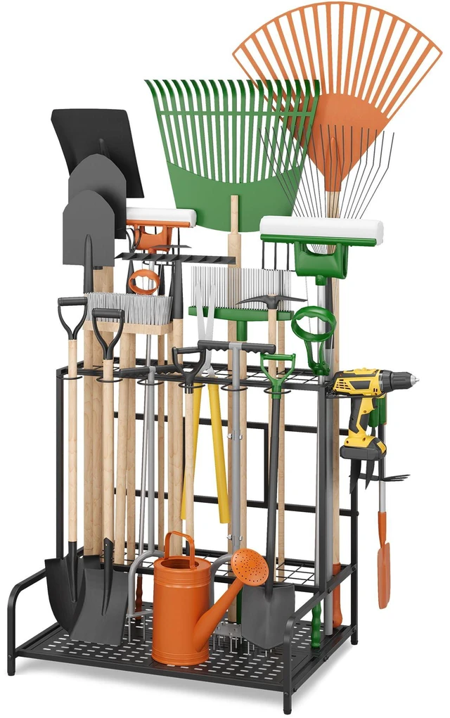 Main image of Garden Tool Organizer Rack Up to 39 Tools, Heavy-Duty Steel Yard Tool Organizer for Garage Storage with 12 Hooks, Broom Holder & Garden Tool Rack for Shed, Patio, Outdoor Storage, Black