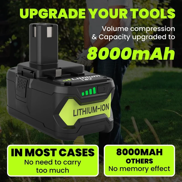 Alt view image 4 of 7 - 2 Pack 8.0Ah P108 Replacement for Ryobi 18 Volt Battery and P117 Charger Compatible with Ryobi 18 Volt Lithium Battery 8000mAh P102 P103 P104 P105 P107 P109 P108 P190 P122 Cordless Tools (Green)