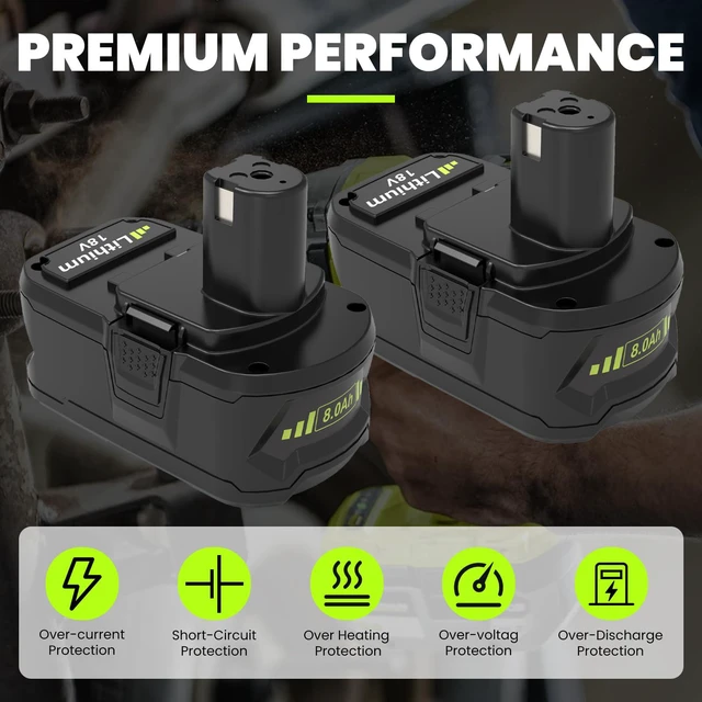 Alt view image 6 of 7 - 2 Pack 8.0Ah P108 Replacement for Ryobi 18 Volt Battery and P117 Charger Compatible with Ryobi 18 Volt Lithium Battery 8000mAh P102 P103 P104 P105 P107 P109 P108 P190 P122 Cordless Tools (Green)