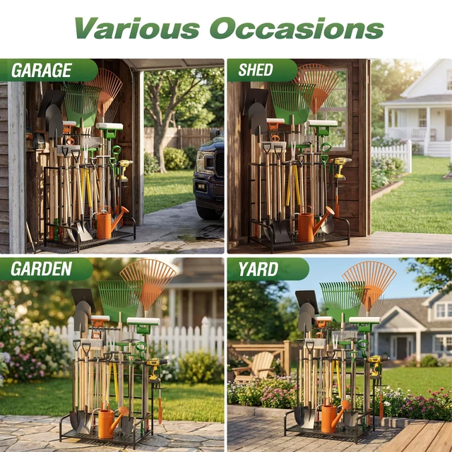 Alt view image 3 of 7 - Garden Tool Organizer Rack Up to 39 Tools, Heavy-Duty Steel Yard Tool Organizer for Garage Storage with 12 Hooks, Broom Holder & Garden Tool Rack for Shed, Patio, Outdoor Storage, Black
