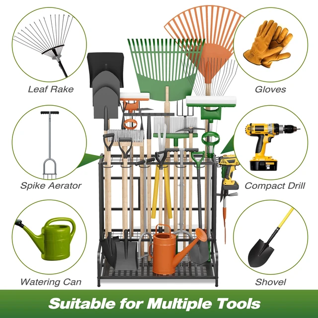 Alt view image 4 of 7 - Garden Tool Organizer Rack Up to 39 Tools, Heavy-Duty Steel Yard Tool Organizer for Garage Storage with 12 Hooks, Broom Holder & Garden Tool Rack for Shed, Patio, Outdoor Storage, Black